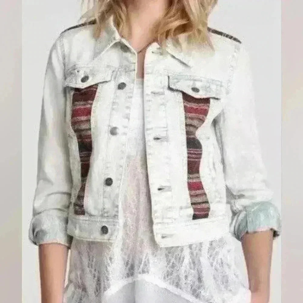 Free People White Washed Denim Baja Jacket with Aztec Knit Paneling